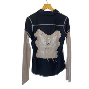 Miss Me Y2K Bling Layered Long Sleeve Collared Polo Top Large Glam Boho Grunge